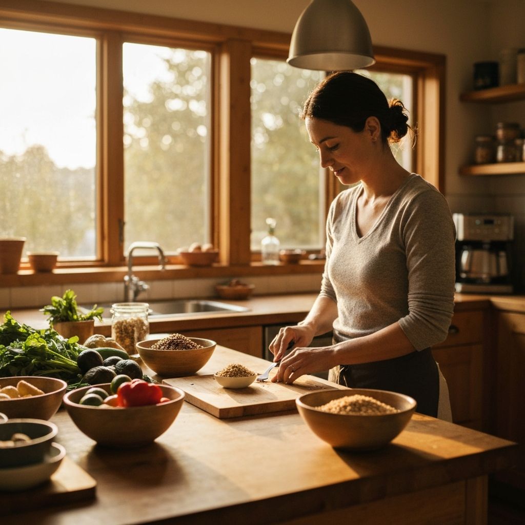 Person preparing vegetables and whole grains in a home kitchen with natural lighting
